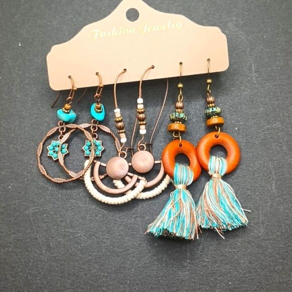 BRONZE wood beaded drop tassel earrings boho fringe tribal jewelry - Picture 2 of 4